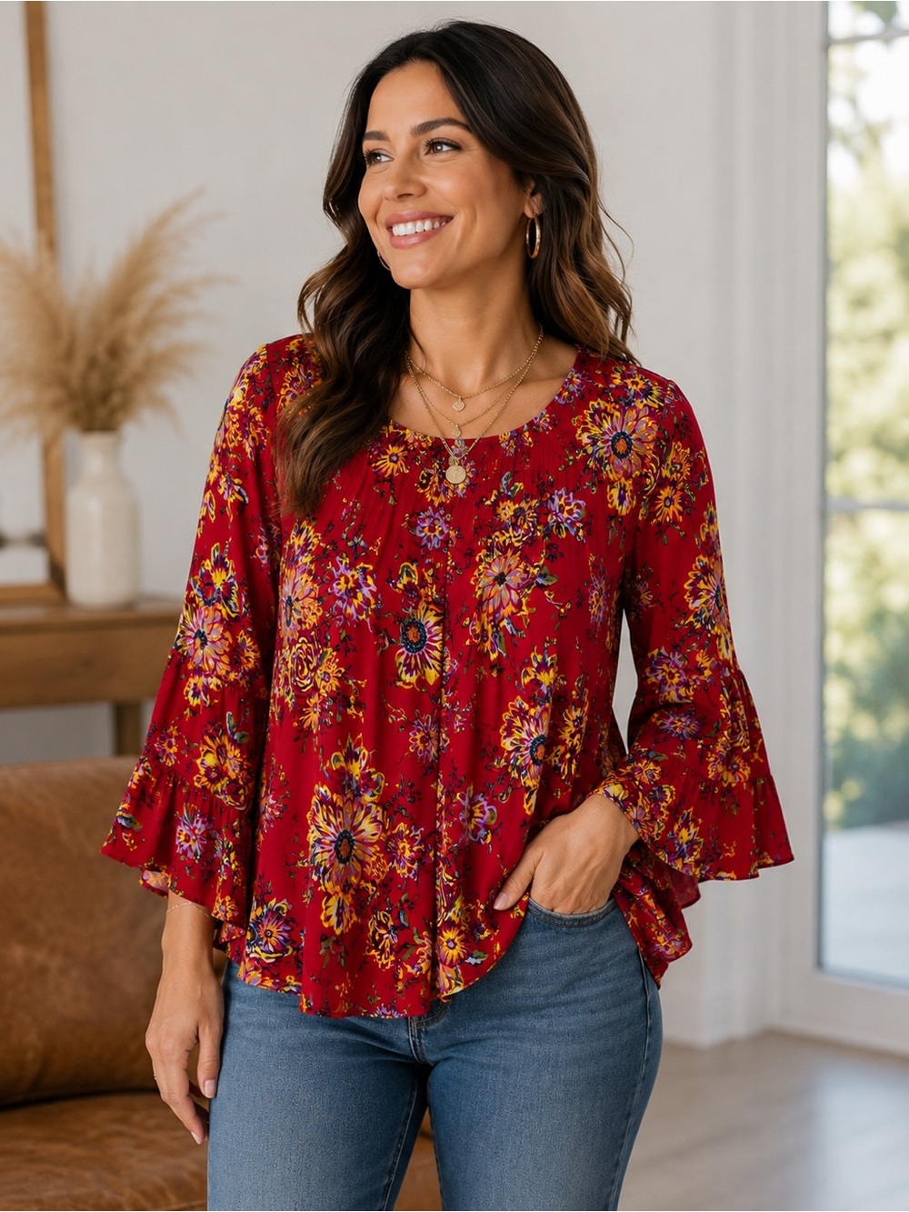Beach Lunch Lounge Floral Top Red Elasticized Neck Sz M Bell Sleeves Peasant